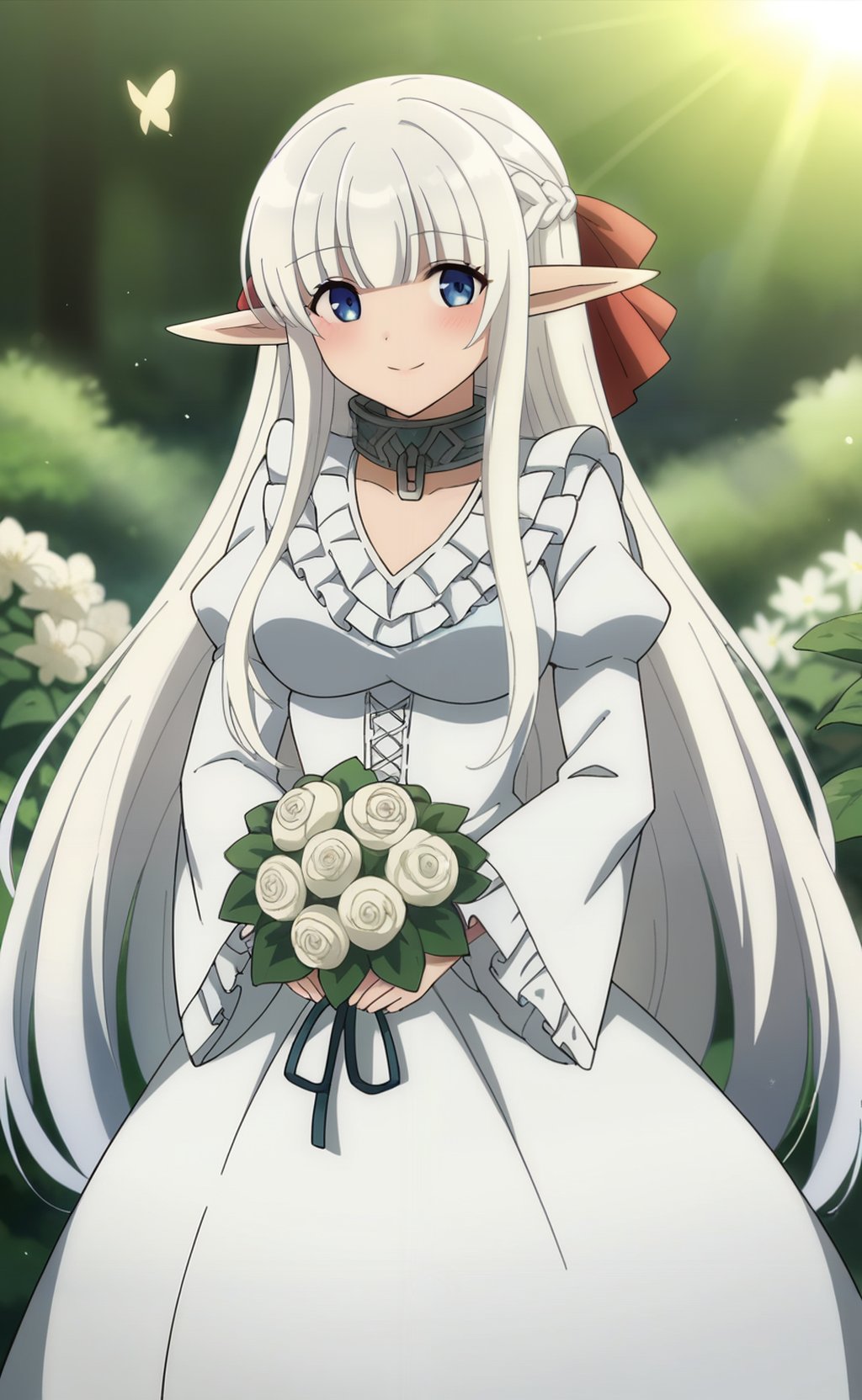 score_9, score_8_up, score_7_up, 1girl,  <lora:nephilia:1> nephiliaxl, pointy ears, blue eyes, long hair, white dress, white hair, elf, long sleeves, collar, frills, blunt bangs, braid, very long hair, wide sleeves, hair ribbon, juliet sleeves, frilled dress, standing, looking at viewer, smile, light blush, bouquet of flowers, flower, nature, butterfly, light rays, cute