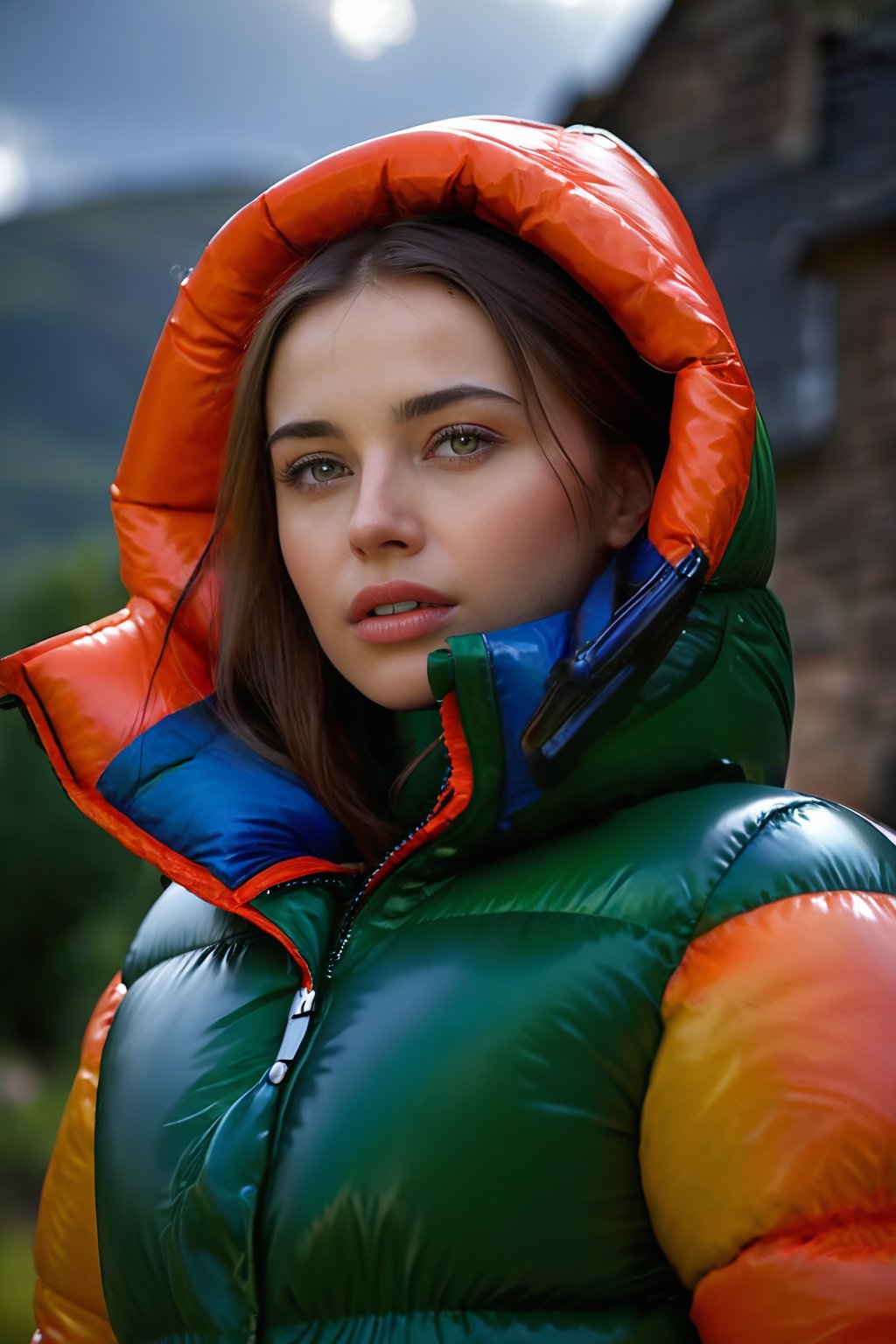 Stunning portrait of a sweet, cute, slim, long haired, young European woman. she is dressed in (shiny), colorful, completely enclosureable, (puffer down outfit:1.3) by parkasite, very high yoked. emotional, tempting, dramatic, high detail, realistic, realistic character design, inspiring, intense emotion, masterpiece, 8k, RAW photo, portrait, best quality, ultra high res, photorealistic, cinematic lightning, digital painting, storytelling, high resolution, depth of field, lens flare, <lora:Parkasite_XL:0.7>