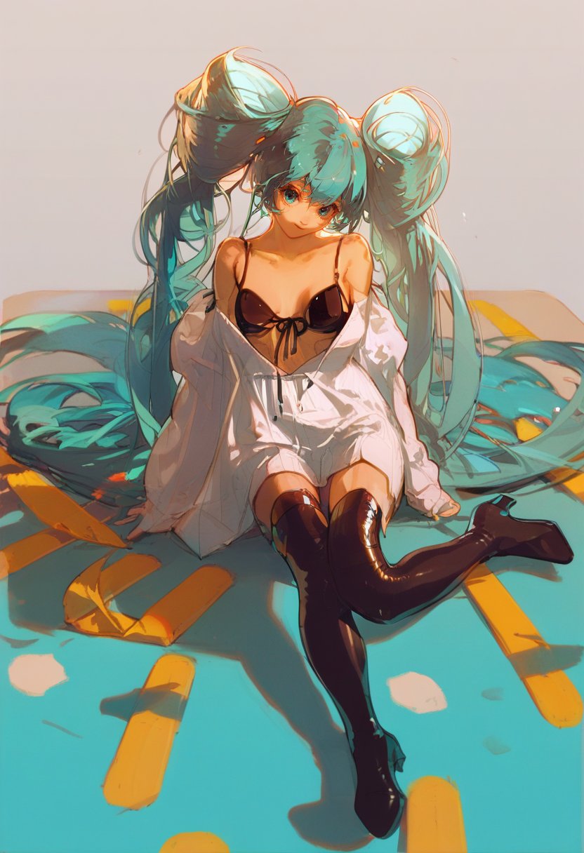 score_9, score_8_up, score_7_up, score_6_up, <lora:REDUMXL_P6_lokr_V53P1:0.95>   1girl, hatsune miku, long hair, solo, sitting, thighhighs, thigh boots, twintails, very long hair, boots, aqua hair, bikini, swimsuit, off shoulder, black footwear, black thighhighs, aqua eyes, looking at viewer, blue hair, open clothes, blue eyes, bangs, black bikini, long sleeves, closed mouth, shirt