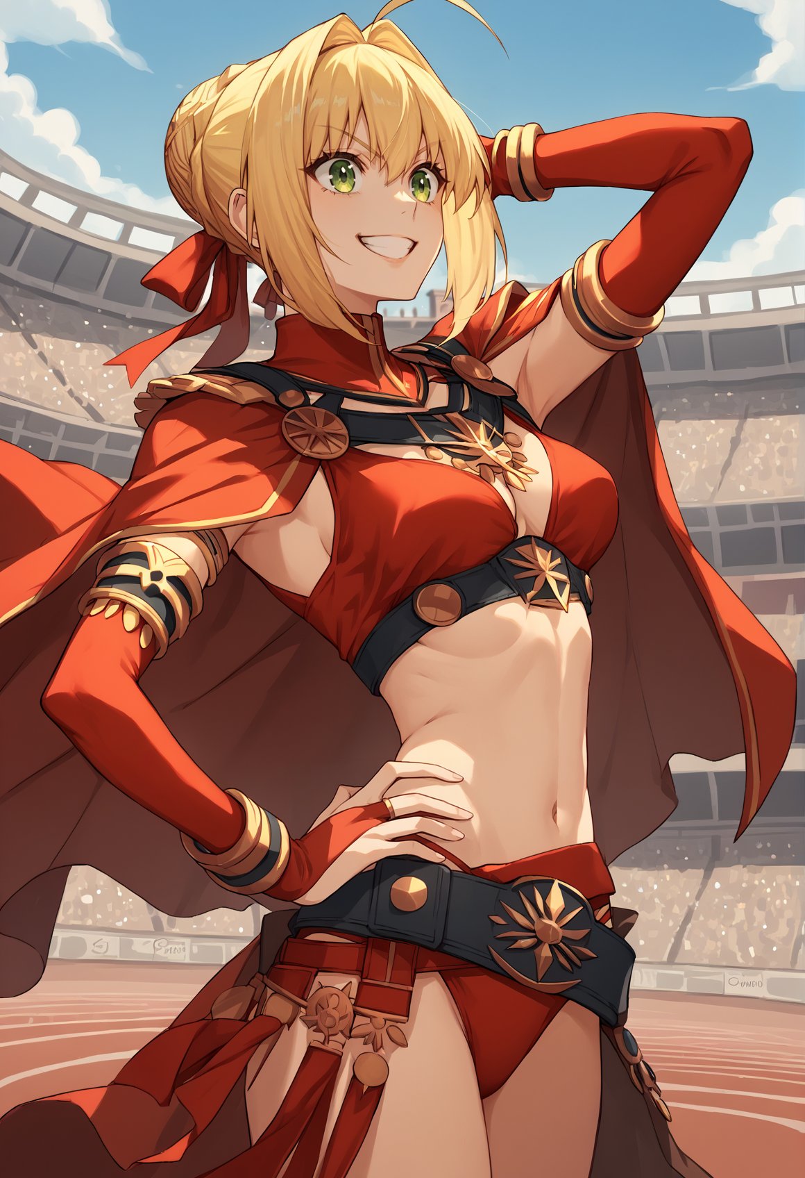 1girl, blonde hair, french braid, single hair bun, green eyes, ahoge, red bikini, belt, red cape, jewelry, asymmetrical gloves, red bridal gauntlets, armlet, bracelet, outdoors, colosseum, smile, arm up, clenched hand, hand on own hip <lora:Mochiron_yo_da_yo:1>, score_9, score_8_up, score_7_up, score_6_up, score_5_up, score_4_up, BREAK source_anime, masterpiece