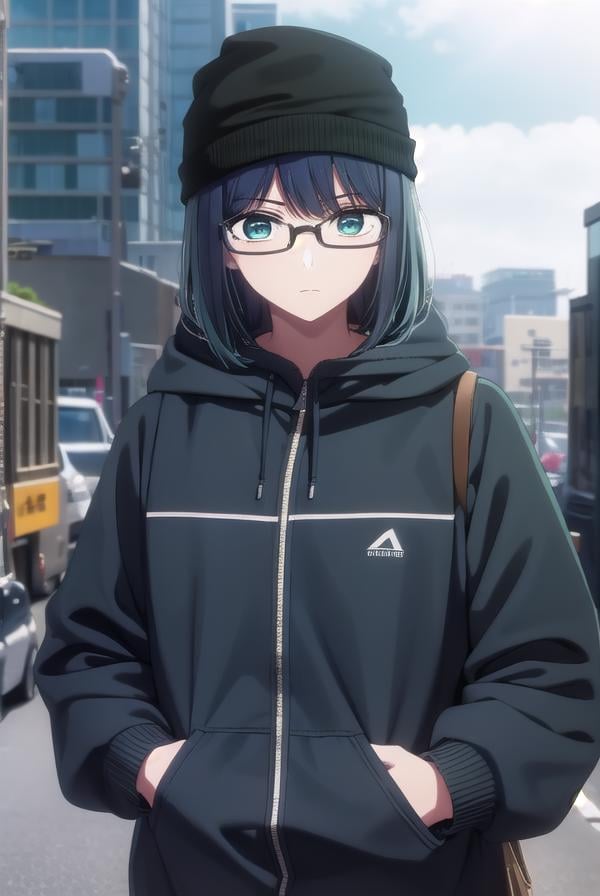 akanekurokawa, <lora:akane kurokawa s1-lora-nochekaiser:1>,akane kurokawa, bangs, (green eyes:1.3), blue hair, medium hair, dark blue hair,BREAK long sleeves, hat, jacket, glasses, hood, black jacket, black headwear, hoodie, hood down, red-framed eyewear, beanie,BREAK outdoors, city, sun, sky, clouds,BREAK looking at viewer, (cowboy shot:1.5),BREAK <lyco:GoodHands-beta2:1>, (masterpiece:1.2), best quality, high resolution, unity 8k wallpaper, (illustration:0.8), (beautiful detailed eyes:1.6), extremely detailed face, perfect lighting, extremely detailed CG, (perfect hands, perfect anatomy),