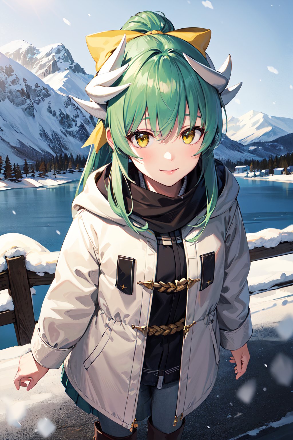 masterpiece, best quality, highres, aakiyo, long hair, ponytail,, green hair, white horns, hair bow, yellow bow, yellow eyes, <lora:kiyohime_(lancer)_v1:0.7>, winter clothes, snow, outdoors, smile, from above, standing