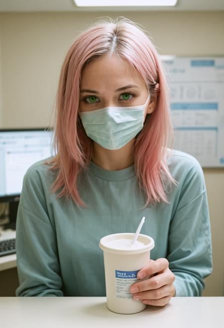 score_9,score_8_up,score_7_up,score_6_up BREAK source_real,raw,photo,realistic BREAK solo,looking at viewer,long sleeves,1girl,in the hospital,holding,green eyes,upper body,pink hair,green hair,indoors,mask,mouth mask,computer,monitor,surgical mask,intravenous drip,