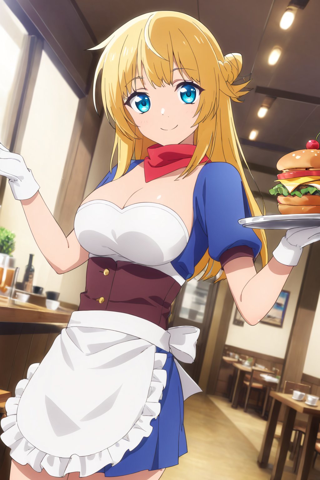 ritto, single hair bun,1girl, solo, smile, apron, blue shirt, blue skirt, frilled apron, frills, gloves, head scarf, shirt, short sleeves, skirt, uniform, waist apron, waitress, white apron, white gloves, food, tray, food tray, indoors, restaurant, looking at viewer, dutch angle, cowboy shot,masterpiece, perfect face, best quality, beautiful girl, cute girl, beautiful eyes, shiny eyes, anime coloring, anime screencap, absurdres, award winning, <lora:ritto s2 asyncs 902:0.8>