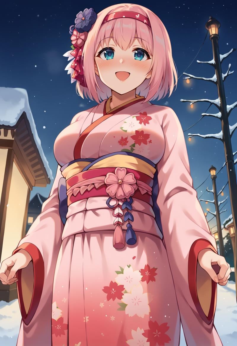 score_9, score_7_up, hd, (ultra hd quality details), source_anime, outdoors, lights, moody lighting, snow,solo, 1girl, large breasts, yuipcrbase, pink hair,yknewyear, hair ornament, hair flower, hairband, print kimono, sash,looking up, blush, open mouth, smile,standing, from below,<lora:_yui_pcr-elesico-ponyr1:1> 