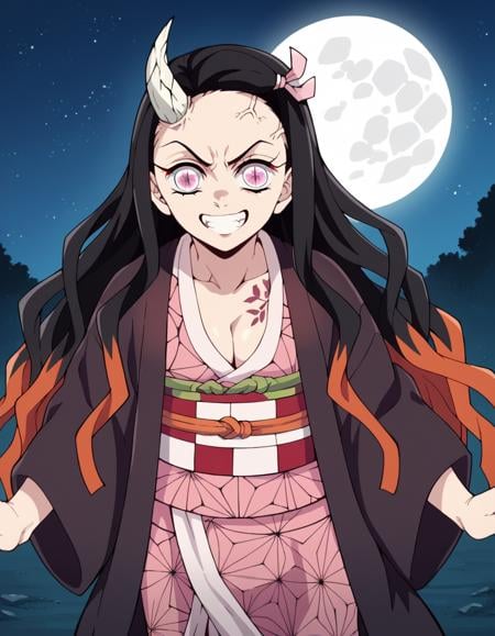 score_9, score_8_up, score_7_up, source_anime,nezukokamado, <lora:nezuko-kamado-anime-ponyxl-lora-nochekaiser:1>,nezuko kamado, black hair, forehead, hair ribbon, long hair, multicolored hair, pink eyes, orange hair, slit pupils, wavy hair, two-tone hair,cleavage, japanese clothes, horns, kimono, sash, obi, demon girl, angry, single horn, veins, pink kimono, cracked skin, checkered sash, tattoo,outdoors, night, landscape, moon, starry sky, bent over, smile,solo, dutch angle, looking at viewer, cowboy shot,