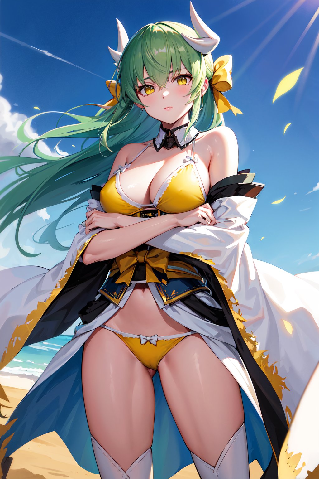 masterpiece, best quality, highres, aakiyo, long hair, green hair, white horns, hair bow, yellow bow, yellow eyes, detached collar, bare shoulders, off shoulder, yellow bikini, japanese clothes, kimono, sash, obi, white thighhighs, <lora:kiyohime_(lancer)_v1:0.7>, field, crossed arms, wind, standing,