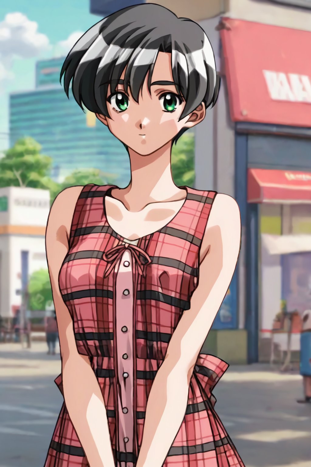 score_9, score_8_up, score_7_up, score_6_up, score_5_up, score_4_up, source_animewakabayashi ayu, 1girl, black hair, green eyes, short hair, solo, sleeveless, plaid, plaid dress, ayu_red,masterpiece, perfect face, best quality, beautiful girl, blurry background, cute girl, beautiful eyes, shiny eyes, anime coloring, anime screencap, absurdres, outdoors.  <lora:wakabayashi ayu hoseki 820 1:0.8>