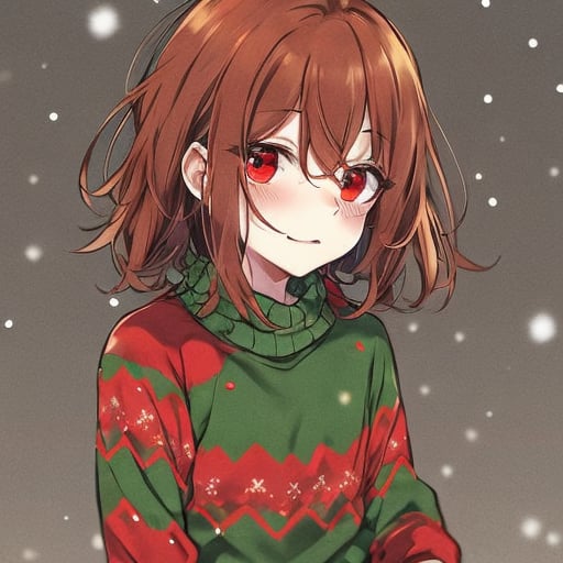 <lora:Chara_Undertale:1>, chara undertale, brown hair, red eyes, christmas sweater, christmas pants, snowfall