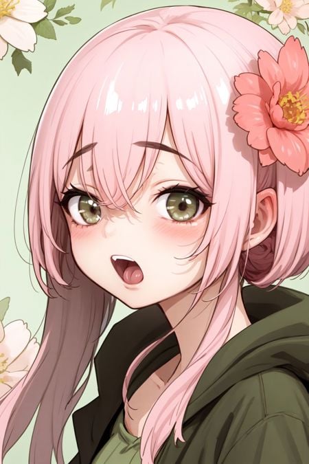 portrait, solo, 1girl, surprised, pink hair, nihongami, dark brown eyes, dark green coat, Cone_Flower \(flower\), floral background <lora:kanimura_ebio_style_v01:1>