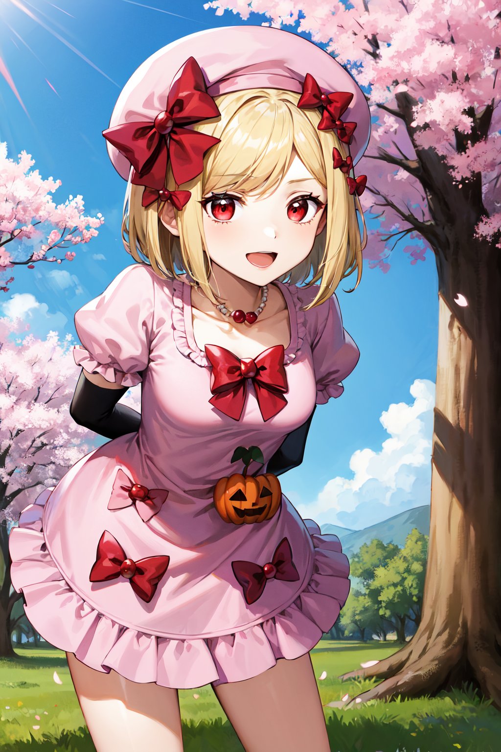 masterpiece, best quality, highres, aalamb, short hair, hair bow, red bow, beret, pink headwear, red eyes, necklace, frills, pink dress, jack-o'-lantern, puffy sleeves, elbow gloves, black gloves, <lora:lambdadelta_v1:0.7>, standing, cowboy shot, leaning forward, arms behind back, outdoors, cherry blossoms, smile, open mouth,