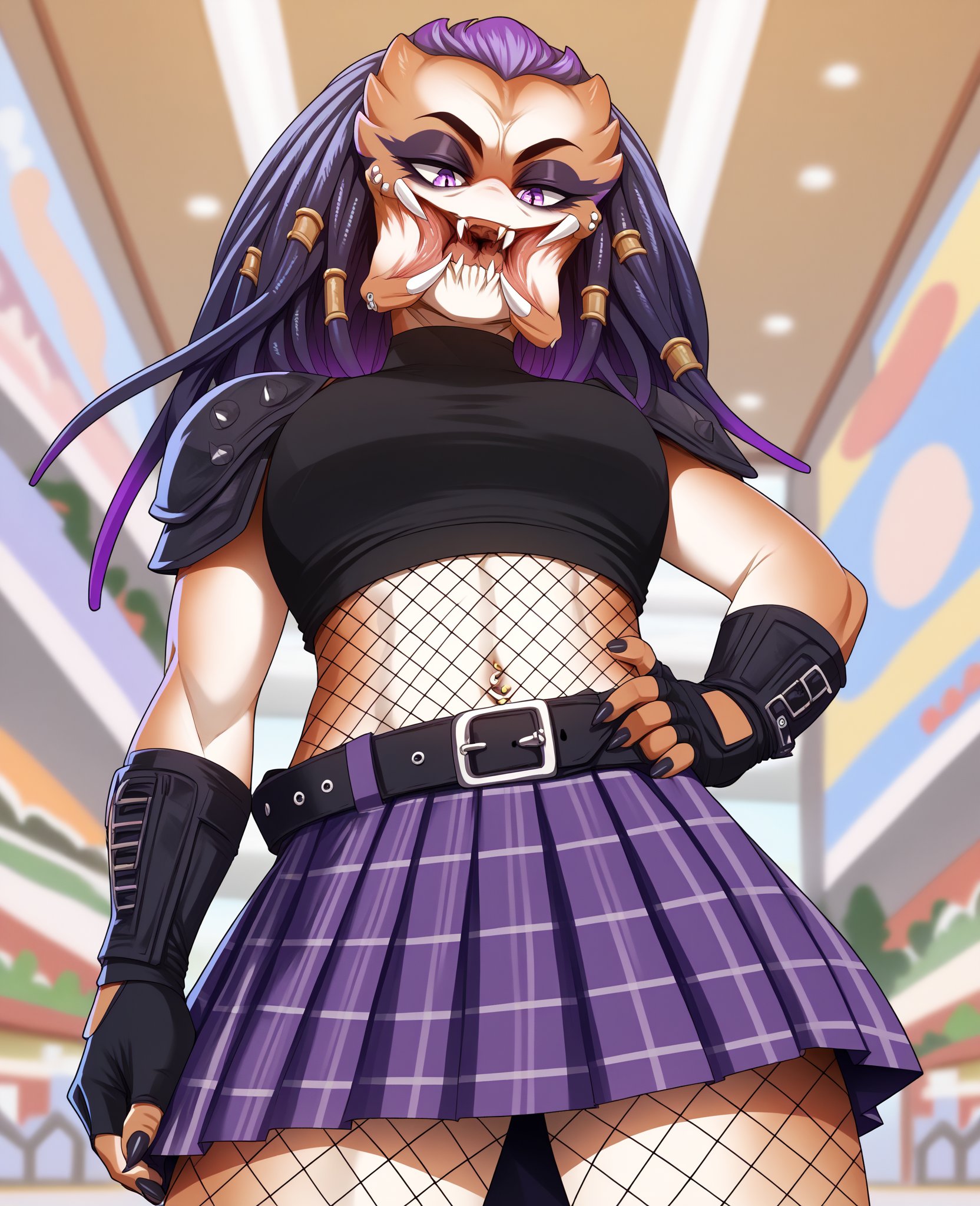 score_9, score_8_up, score_7_up, score_6_up, score_5_up, score_4_up, source_furry, ncc, yne, predator \(franchise\), alien, yautja, armor, inside, mall, shopping mall, detailed background, belt, black clothing, black eyeshadow, black gloves, black hair, black handwear, black nails, black topwear, checkered bottomwear, checkered clothing, checkered skirt, colored nails, ear piercing, eyeshadow, fingerless gloves, fishnet, fishnet clothing, fishnet legwear, fishnet topwear, hand on hip, handwear, legwear, makeup, multicolored hair, nails, navel, navel piercing, pattern bottomwear, pattern clothing, pattern skirt, piercing, purple bottomwear, purple clothing, purple eyes, purple hair, purple skirt, skirt, two tone hair, mouth shot, mandibles, teeth, inner mouth, (young, short:1.2) <lora:predator-yautja_pdxl:1> 