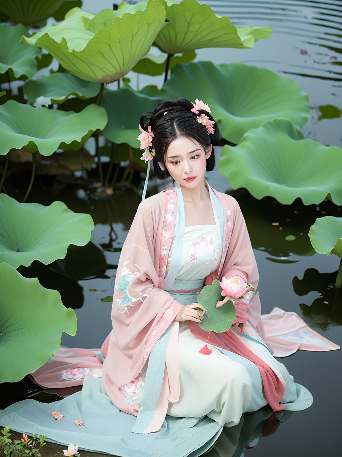 As the sun sets,ripples form on the surface of the lotus pond. The Hanfu maiden sits on a lily pad,her sleeves adorned with delicate pink lotus blossoms. The flowers bloom,their petals unfolding like rosy blush. She gazes quietly at her reflection in the water,a sense of tranquility filling her heart.,