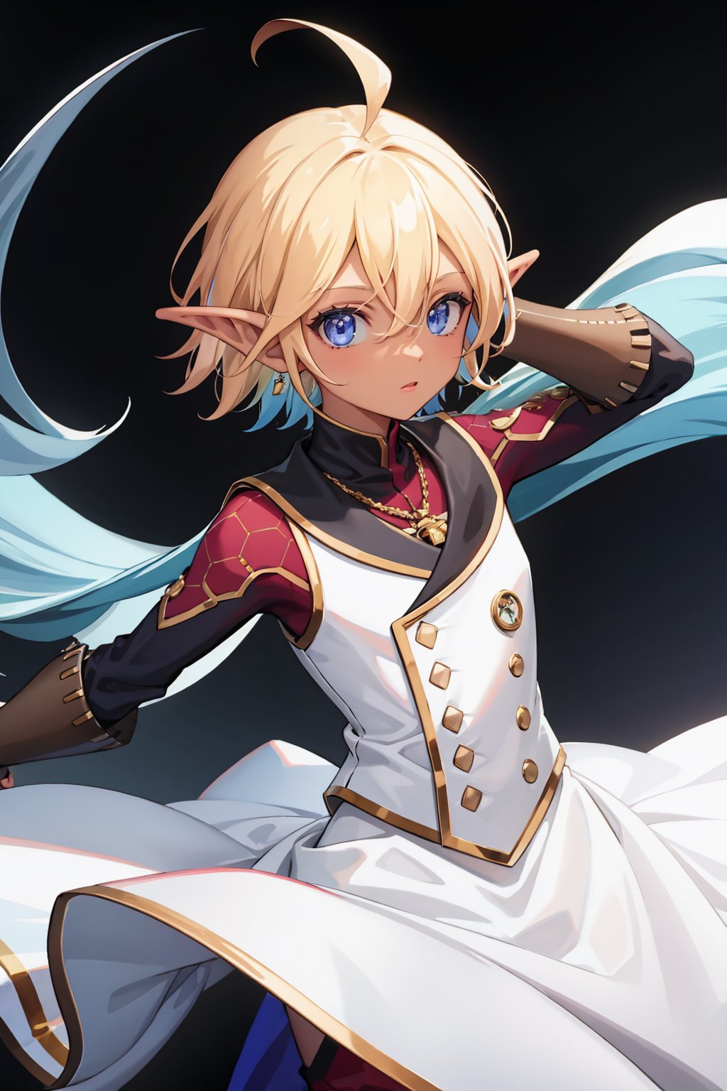 masterpiece,best quality, highly detailed, aura bella fiora,heterochromia,1girl,solo,looking at viewer,dark elf,dark-skinned female,ahoge,1boy<lora:aura_bella_fiora:1>,simple background,white background