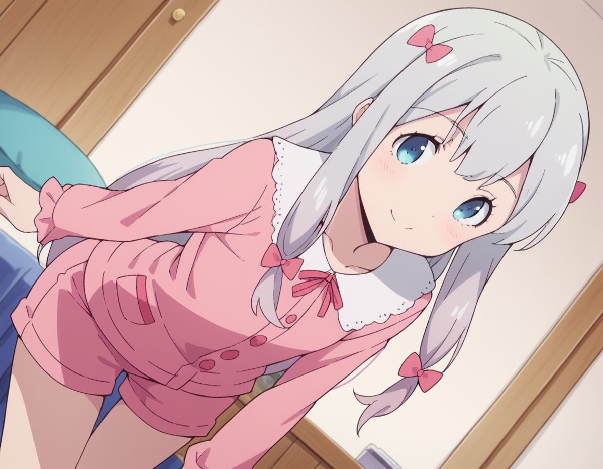 score_9, score_8_up, score_7_up, source_anime,sagiriizumi, <lora:sagiri-izumi-s1-ponyxl-lora-nochekaiser:1>,sagiri izumi, long hair, blue eyes, bow, hair bow, grey hair, pink bow,ribbon, shorts, pink shirt, pajamas, pink shorts,indoors, bent over, smile,solo, looking at viewer, cowboy shot, dutch angle,