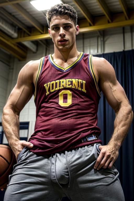 full shot, a handsome young muscular latin basketball player with a crotch bulge, sweat pants, confident, realistic, 4k, highly detailed, perfect face