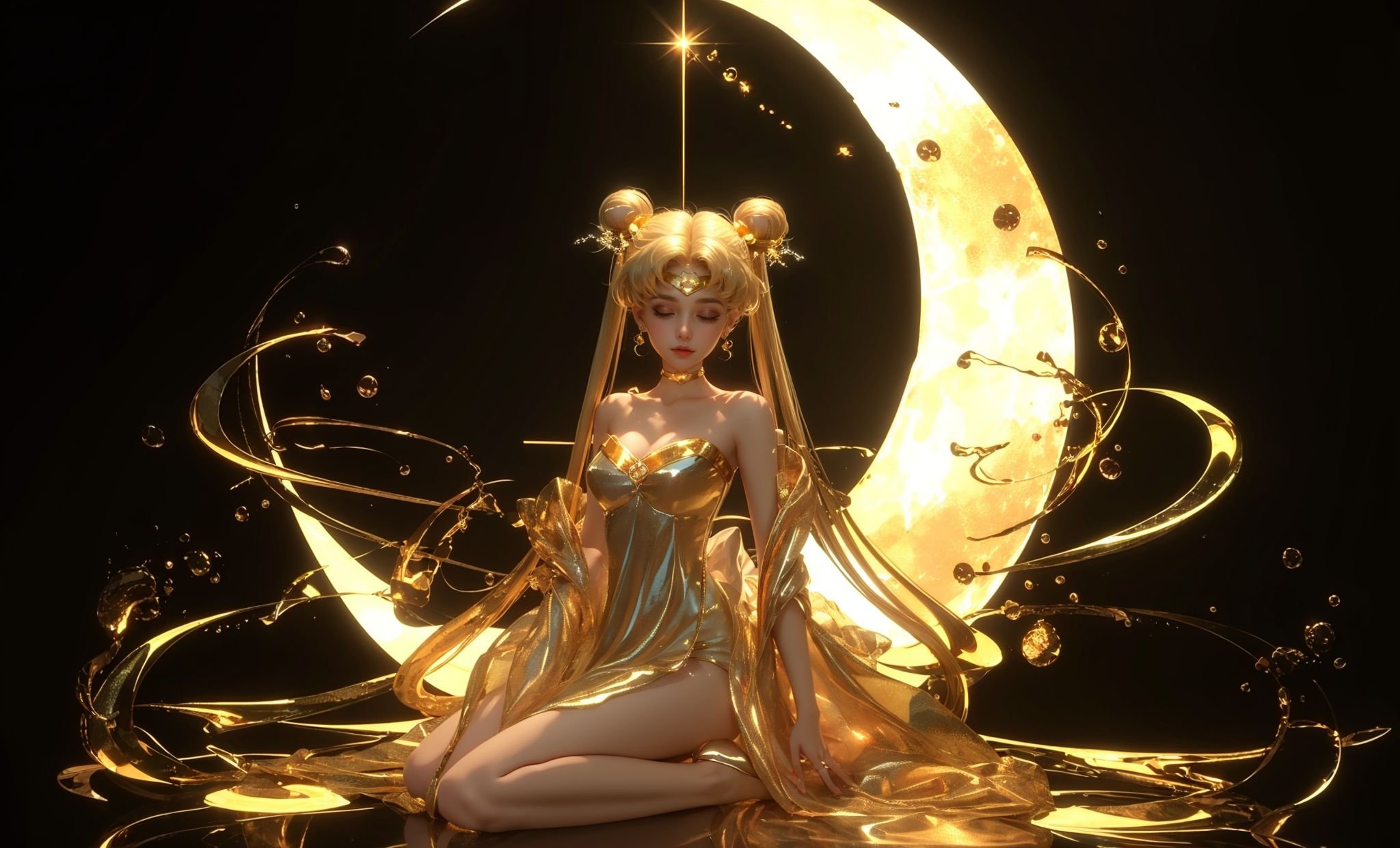 (8k, RAW photo, highly detailed,masterpiece, highest quality),rich colors,high contrast,film still,full shot body photo of the most beautiful artwork in the world,cinematic light,fantasy,highres,(detailed face),xuer Sailor Moon,1girl,solo,long hair,tsukino usagi,crescent,blonde hair,moon,very long hair,sitting,crescent moon,closed eyes,twintails,hair bun,double bun,crescent facial mark,jewelry,dress,bangs,black background,facial mark,breasts,bare shoulders,strapless dress,earrings,see-through,glowing,wariza,strapless,medium breasts,forehead mark,closed mouth,full body,collarbone,yellow dress,bare legs,facing viewer,sparkle,yellow theme,hair ornament,cleavage,absurdly long hair,water,high gloss,extremely beautiful skin,natural skin texture,(pale skin, real_skin),(Milky skin:1.2),(shiny skin:1.5),(high_heels:1.2),<lora:xuer Sailor Moon_20240329152018:0.8>,