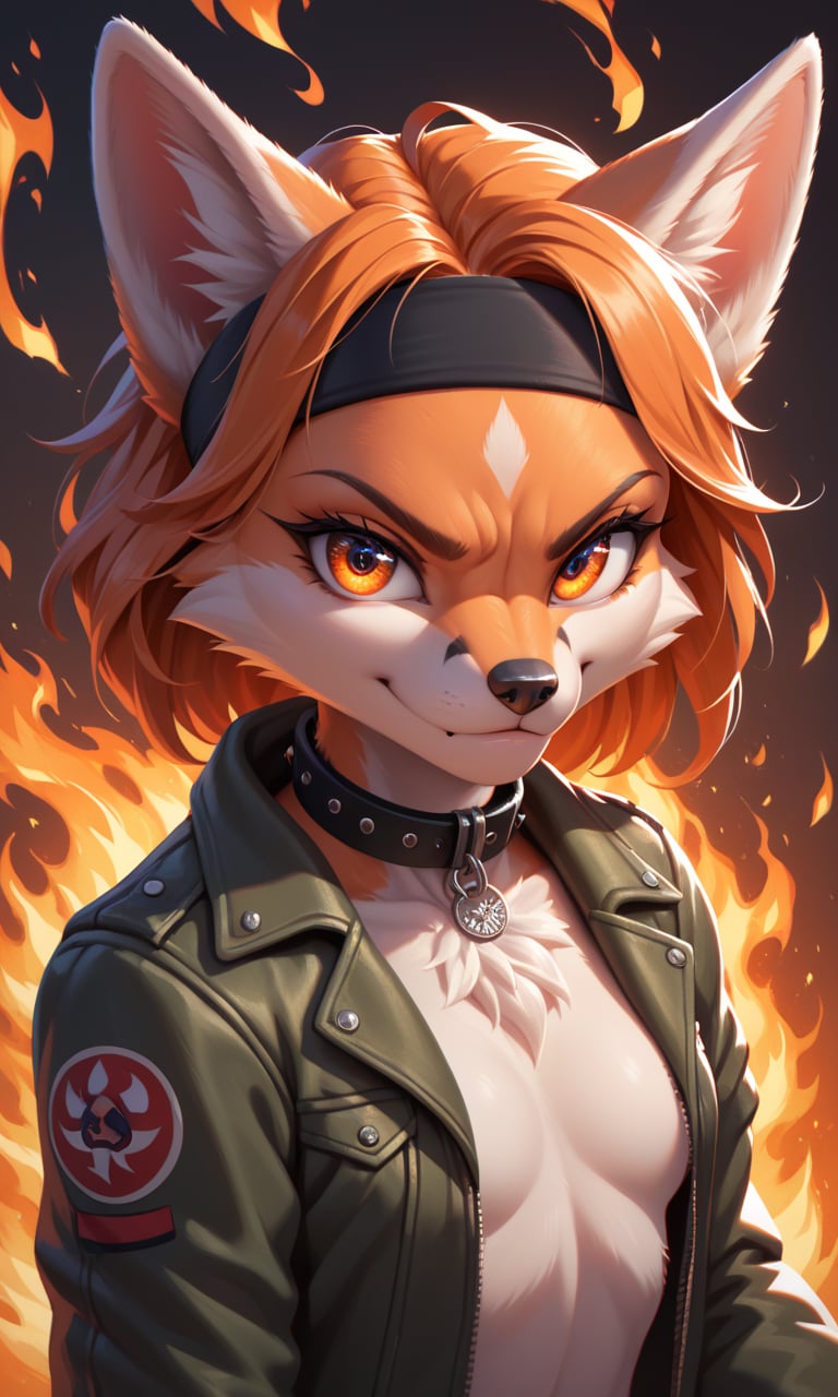 score_9, score_8_up, score_7_up, score_6_up, score_5_up, score_4_up, source_furry,BREAK,detailed face eyes and fur, (detailed fire background)1.1, anthro furry female fox, orange hair, enface portrait, small, looking at viewer, intimidating, smirk, black headband, collar, jacket, highly detailed, absurdres, cinematic lighting, soft, fluffy