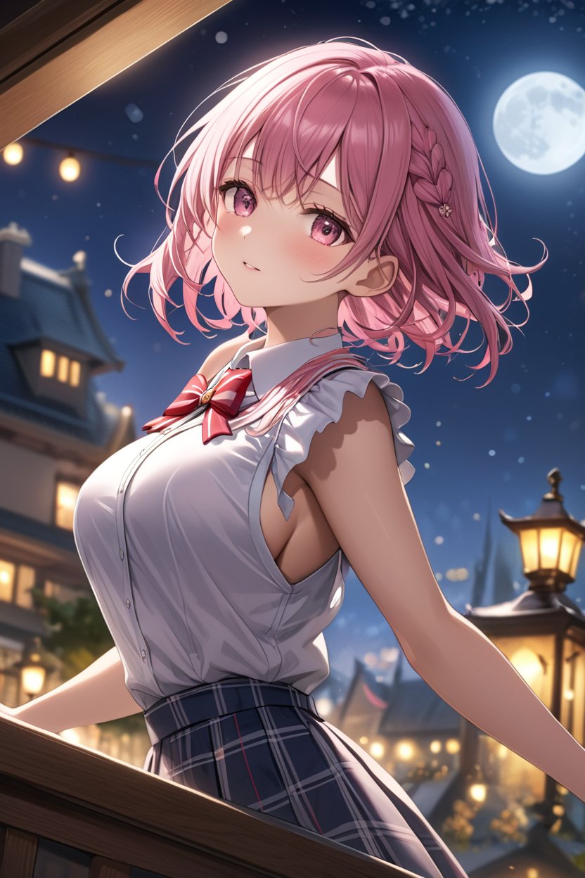 best quality, masterpiece, colorful, dynamic angle, highest detailed, upper body photo, fashion photography of busty cute girl, intense short pink, ultrahigh resolution textures, in dynamic pose, bokeh, school girl (intricate details, hyperdetailed)1.1, detailed, moonlight passing through hair, perfect night, fantasy background, official art, extreme detailed, highest detailed, HDR+