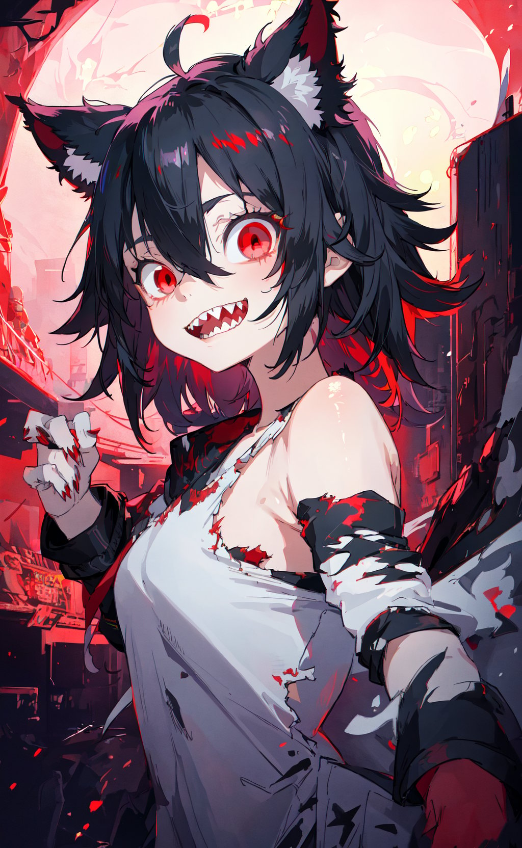 masterpiece, best quality, gremlin girl in night town, anime movie concept visual, comical horror, kawaii, cute, red eyes, jagged teeth, animal ears, messy hair