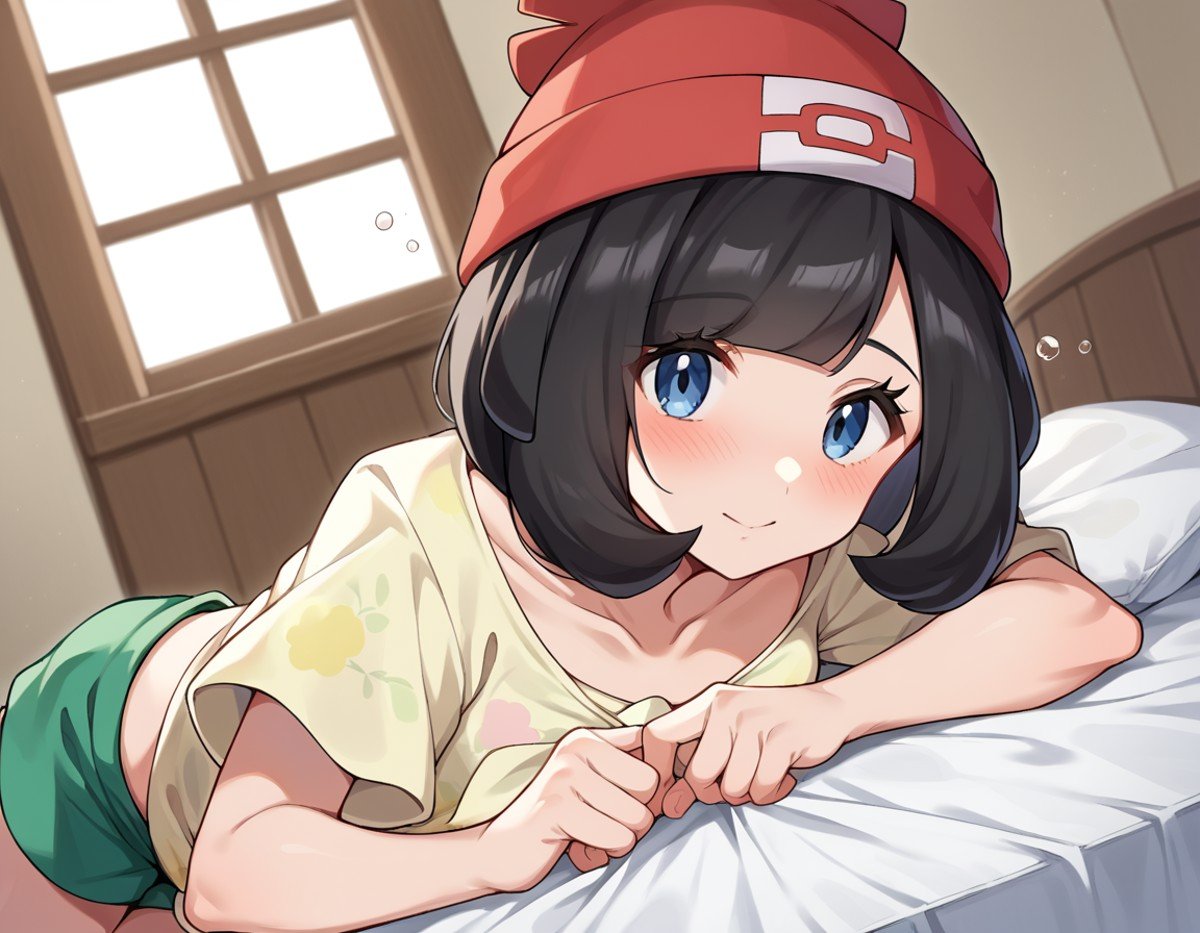 score_9, score_8_up, score_7_up, source_anime,pokemonselene, <lora:pokemon-selene-ponyxl-lora-nochekaiser:1>pokemonselene, black hair, blue eyes, short hair, bangs, blunt bangs,beanie, collarbone, green shorts, hat, red headwear, shirt, short sleeves, shorts, tied shirt, yellow shirt,indoors, bed, bed room, on side, blush, drunk,looking at viewer, cowboy shot, dutch angle,