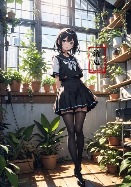 Epic CG masterpiece, an anime girl in a room with plants, no shoes, Black transparent pantyhose, pleated skirt, Sailor suit, sailor collar, in the style of photorealistic urban scenes, applecore, sandalpunk, high-angle, vacation dadcore, solarizing master1girl,  Milky skin, (shiny skin:1.4)，silk stockings，<lora:绪儿-阳光少女 window:0.8>