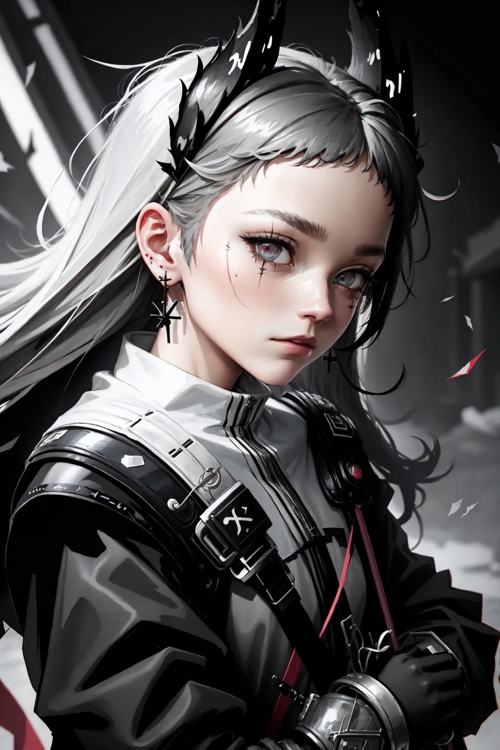 irene_(arknights),solo,head_wings,1girl,scar_across_eye,looking_at_viewer,earrings,black_gloves,long_sleeves,closed_mouth,black_jacket,scar_on_face<lora:irene_(arknights):1>,simple background,white backgroundmasterpiece,best quality, highly detailed, 