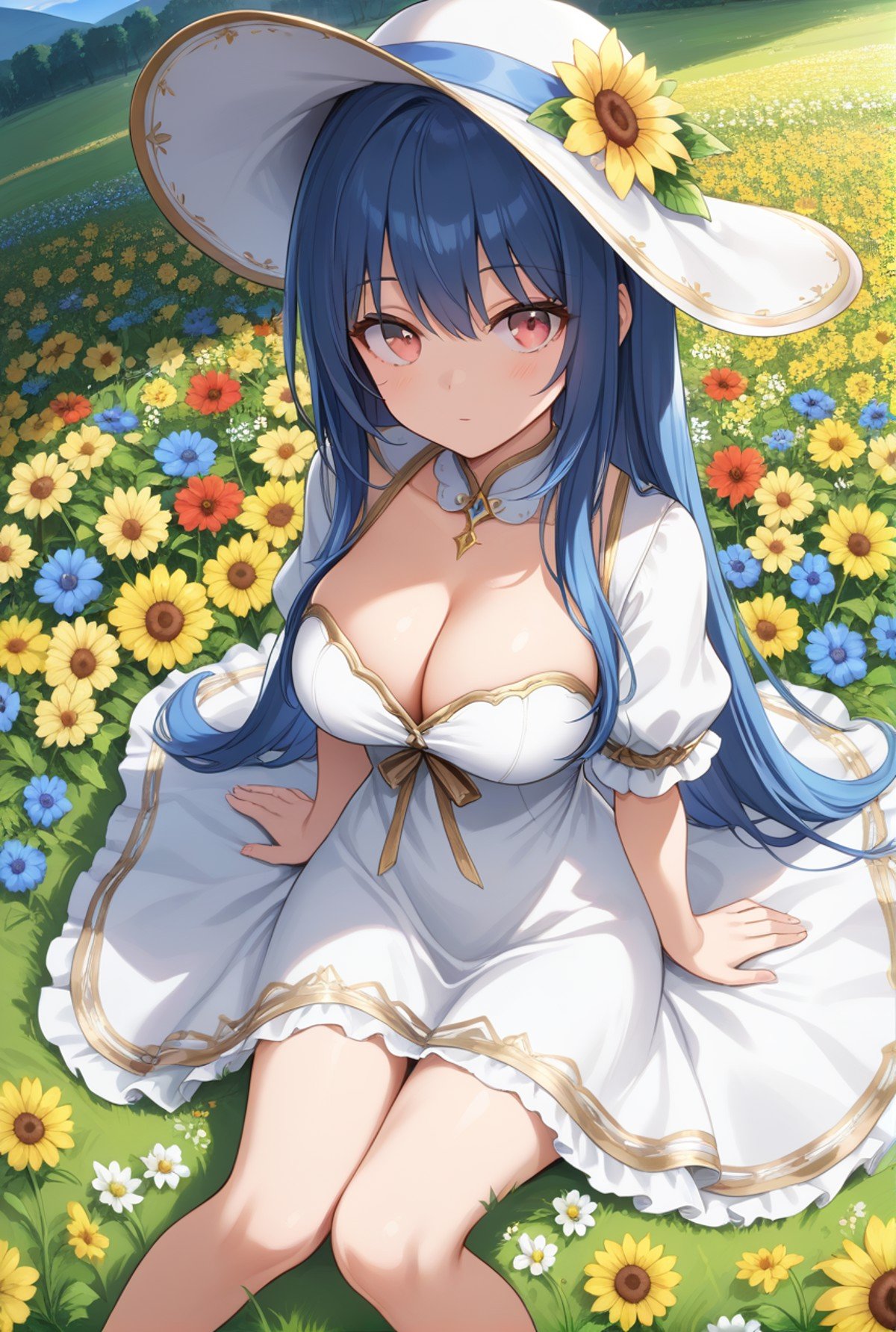 1girl, sun flower, blue hair, dress, flower field, gold trim, long hair, pink eyes, hat, from above, cleavage, score_9, outdoors, sitting, 