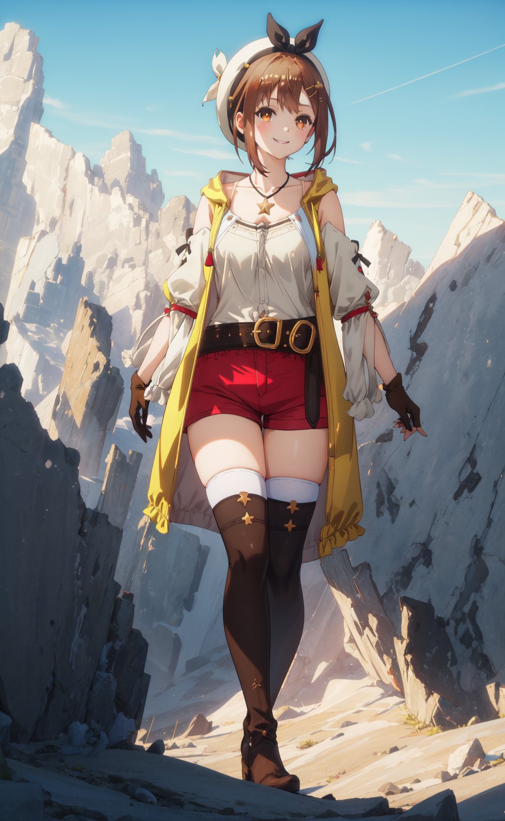 <lora:Ryza-000002:0.8>,Ryza CYQL,1girl,looking at viewer,solo,brown hair,short hair,hair ornament,hairclip,white headwear,hat,brown eyes,jewelry,necklace,star necklace,yellow jacket,breasts,smile,gloves,collarbone,jacket,shorts,red shorts,belt,short shorts,sleeveless jacket,single glove,shirt,thighhighs,cleavage,thighs,white shirt,beret,detached sleeves,boots,full body,(yandere:1.3),(full_shot:1.2),(from_back:1.1),Grapevines, Harvested grapes, Vineyard rows, Wooden barrels, Harvest festival, Golden hour,beautiful detailed sky,beautiful detailed glow,posing in front of a colorful and dynamic background,masterpiece,best quality,beautiful and aesthetic,contrapposto,female focus,wallpaper,