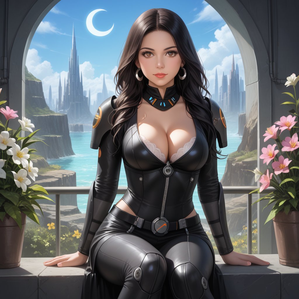 (,1girl, ,best quality, ),,  ,,ultra realistic 8k cg, ,masterpiece, (( , )),, realistic,science fiction,mole, ,     ,crescent moon, jasmine \(flower\),     (cleavage),(sit),   (),