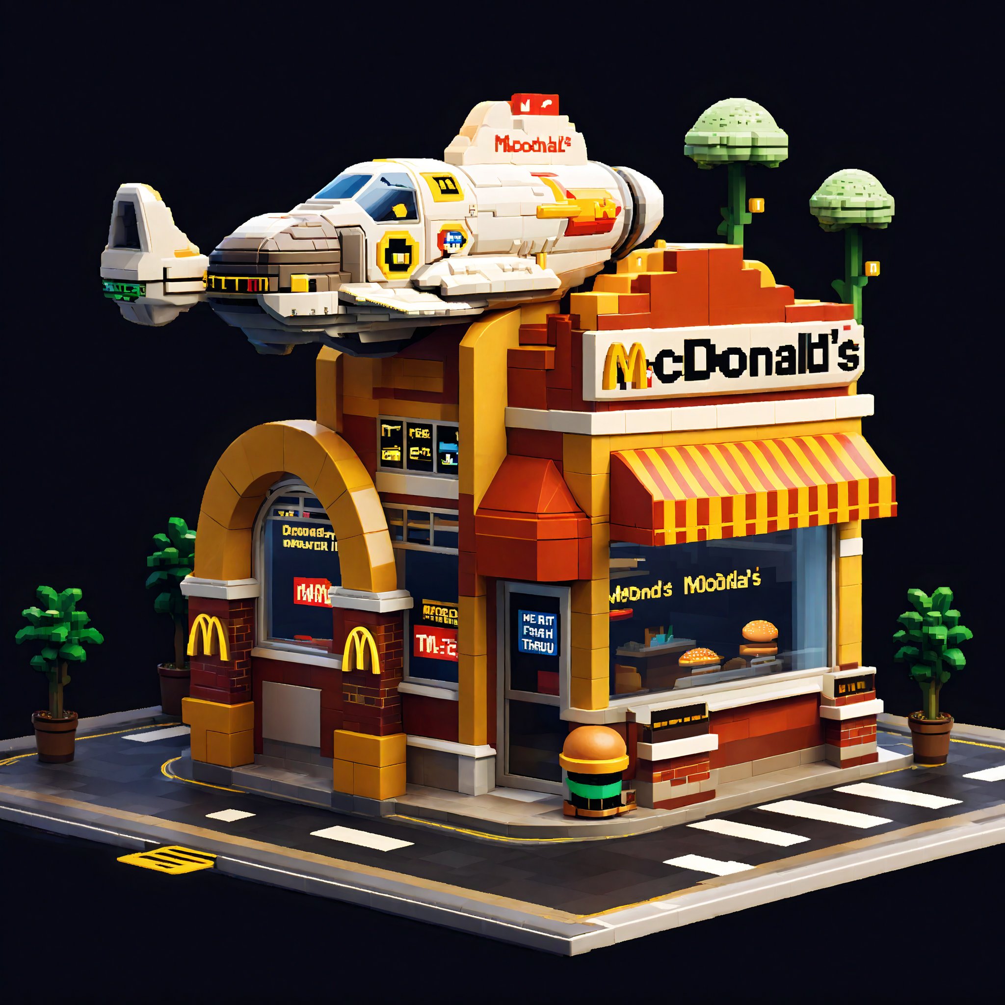 tssj,detailed pixel art of a spaceship going through a McDonald's drive thru the text on the McDonald's should say "McDonald's" full body