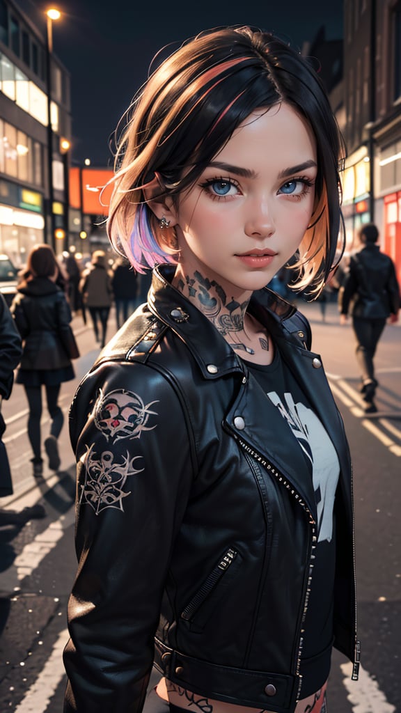 (masterpiece, best quality, highres:1.2), (photorealistic:1.2), raw portrait photo of Punk Girl, very short multicolored hair, in high detailed textured (black leather jacket), piercing, small tattoo, (most iconic photo), (intricate details), (dynamic angle), (London night), (light smile:0.3)