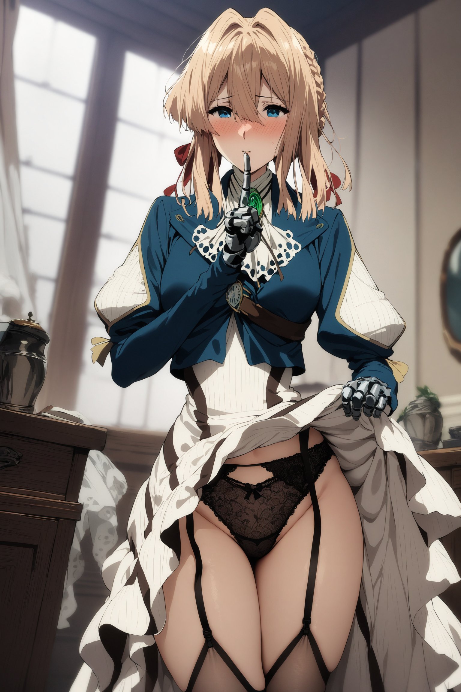 masterpiece, best quality, very aesthetic, absurdres, aave, braid, hair ribbon, red ribbon, jewelry, white ascot, brooch, blue jacket, long sleeves, mechanical hands, white dress, long dress, violet evergarden, <lora:violet_evergarden_XL_v1(anima):0.9>, shushing, dress lift, lace panties, garter straps, blush, indoors,