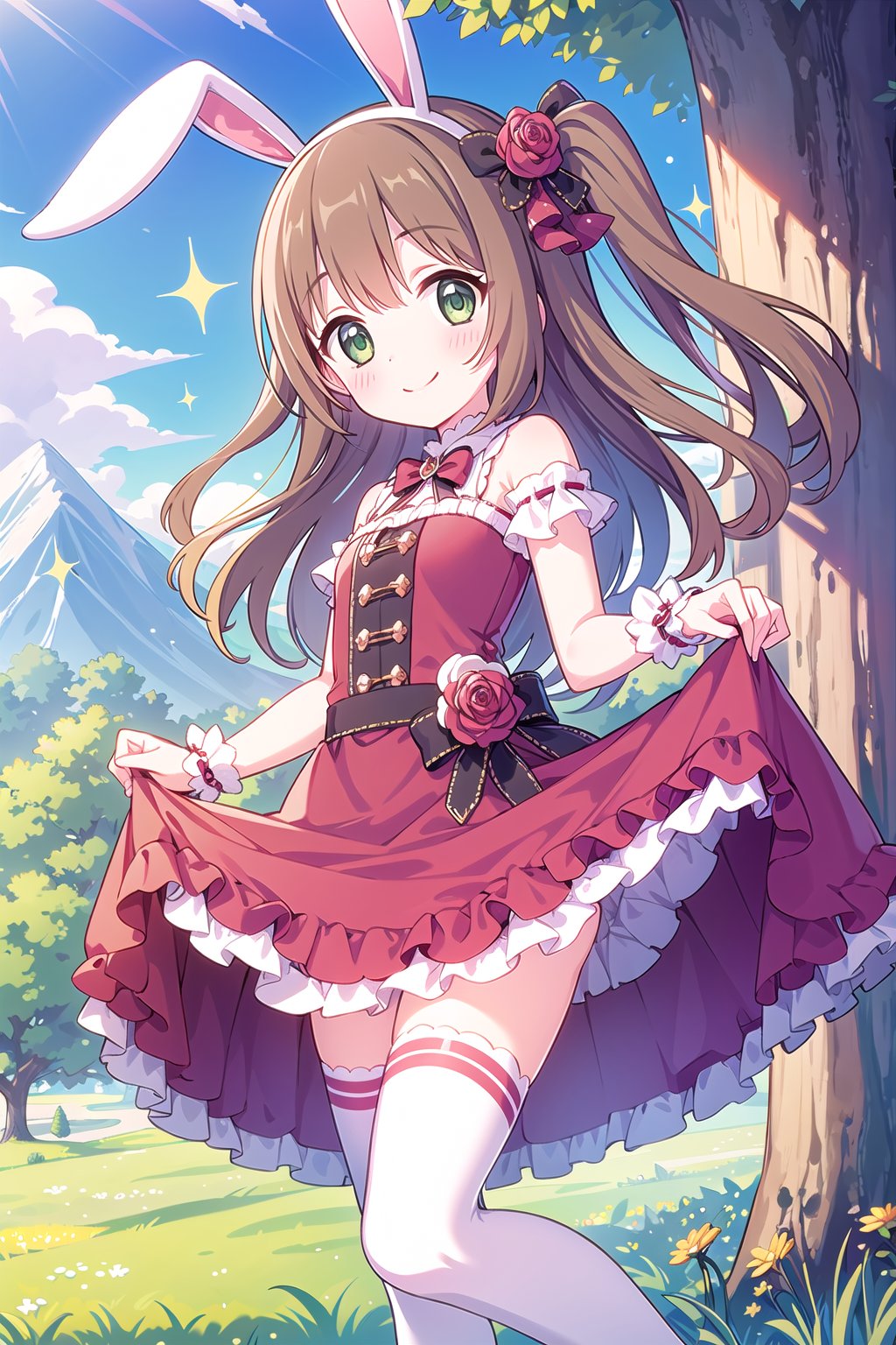 girl, animal_ears, blush, brown_hair, bush, clothes_lift, cup, day, dress, dress_lift, fake_animal_ears, grass, green_eyes, looking_at_viewer, mountain, one_side_up, outdoors, rabbit_ears, rainbow, rose, skirt_hold, skirt_lift, smile, solo, sparkle, teacup, teapot, thighhighs, tree, white_legwear <lora:pcr-000012:0.7>