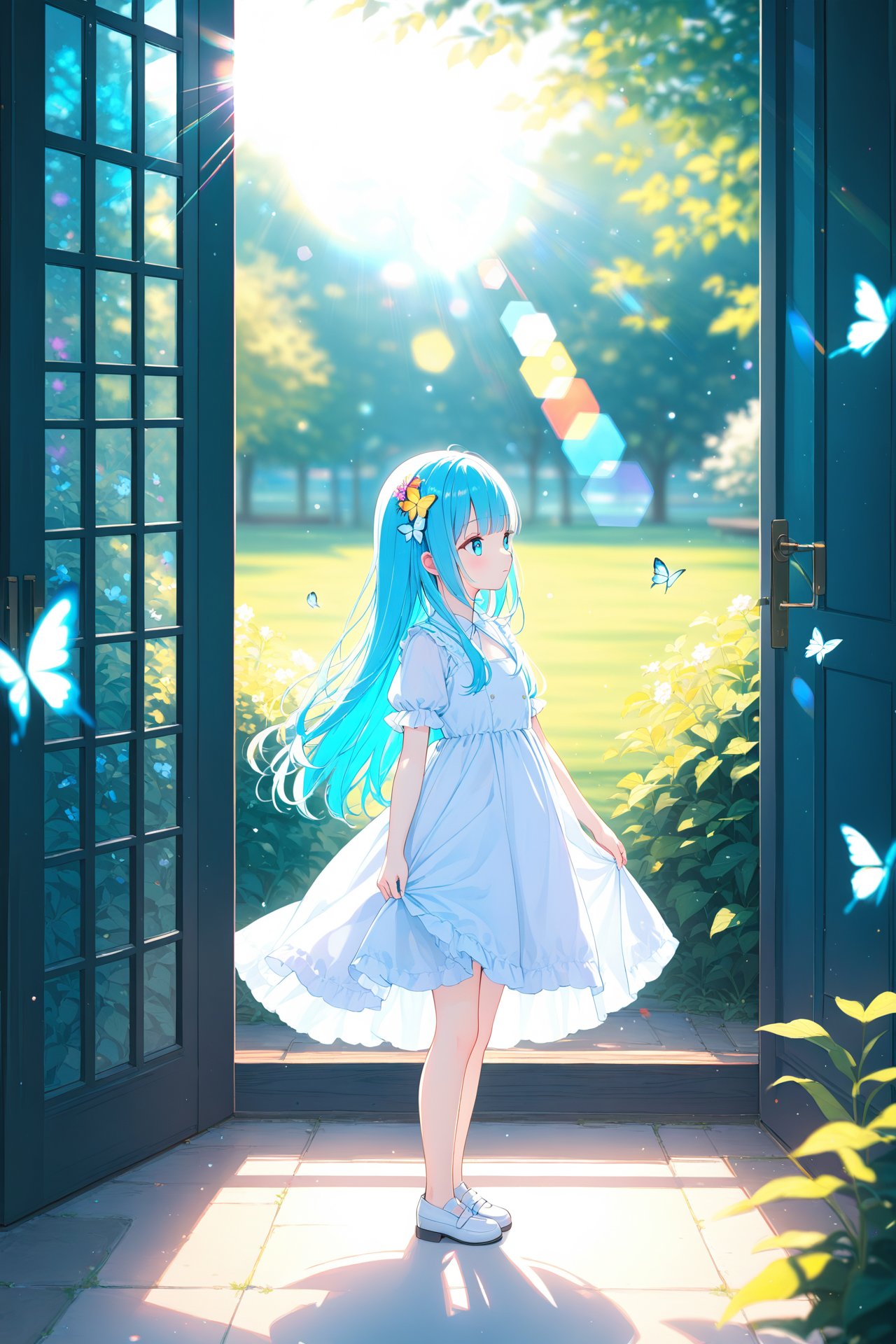 masterpiece,best quality,high quality,(colorful),1girl,loli,wide shot,(depth of field),global illumination,soft shadows,backlight,lens flare,((colorful refraction)),((cinematic lighting),looking outside,with butterfly,1girl with lightblue long hair and blue aqua eyes,hair flowers,hime cut,sunlight,blurry background,blurry,garden,White Dress,,