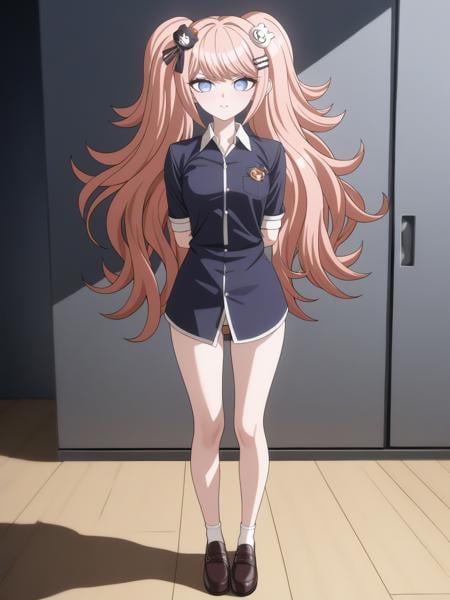 best quality,masterpiece,highres,absurdres,1girl,solo,newest,rating: general, <lora:JunKo_XL:0.9> ,(junko, long hair, blue eyes, twintails, enoshima junko, bangs, shirt, hair ornament, bear hair ornament, bow, looking at viewer),full body,arms behind back,