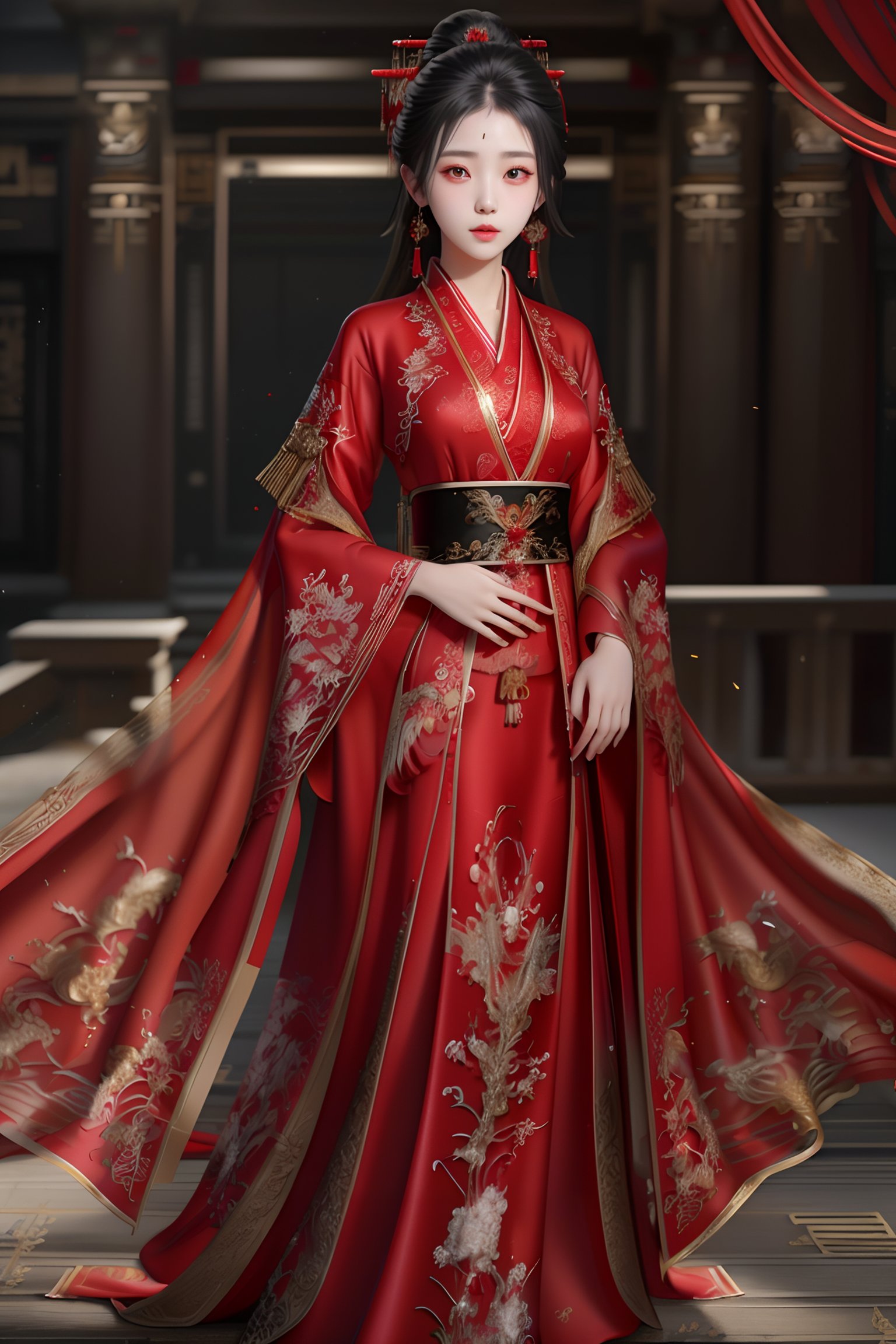 Highest quality,(full body photo: 1.3),Beautiful young woman wearing red hanfu,Translucent,silky,noble temperament,unreal rendering,intricate gold embroidery on the clothes,dark background