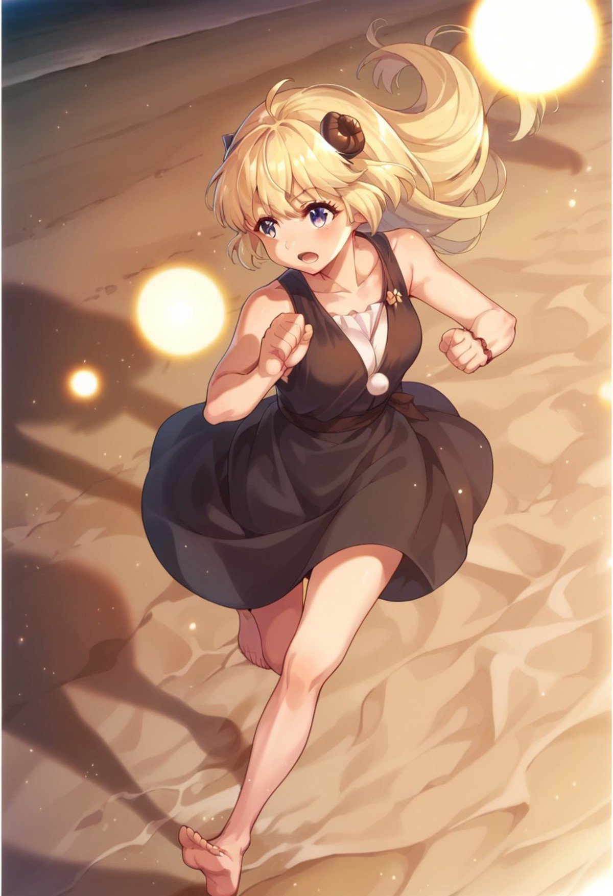 score_9, score_8_up, score_7_up, tsunomaki watame, road, barefoot, beach, sun, running, dress, space, lamppost