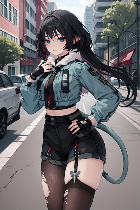 1girl, jane doe \(zenless zone zero\), fingerless gloves, black shorts, tail, cropped jacket, sports bra, single garter strap, single leg pantyhose, single thighhigh, necktie, long hair, cowboy shot, standing, seductive smile , looking at viewer, hand on hip, outdoors, street