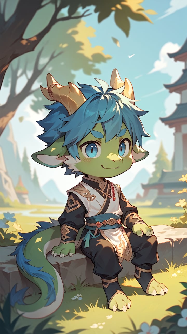 score_9,score_8_up,score_7_up,score_6_up,score_5_up,score_4_up,source_furry,han fu,male,chibi,cute,green body,Blue tip,golden horn,Blue hair,smile,dragon,golden eyebrows,sitting,blue eyes,standing,outdoors,sky,grass,tuft,digitigrade,tail_ring,green fur,digital media (artwork),Black pants,<lora:Hanfu_XL_Pony_4-000013:0.8>,