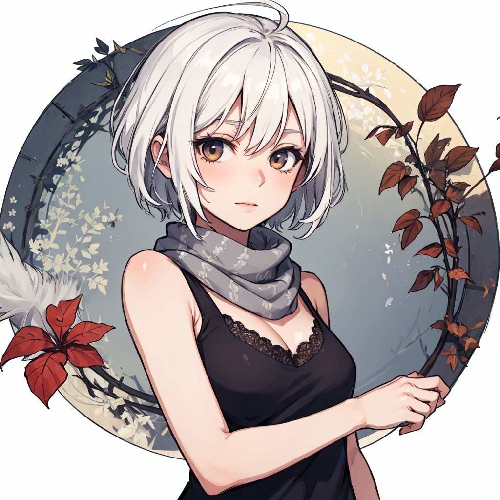 1girl, abstract, flower, leaf, vine, whitework, mature face, white hair, short hair, hair flaps, ahoge, lace tank top, scarf