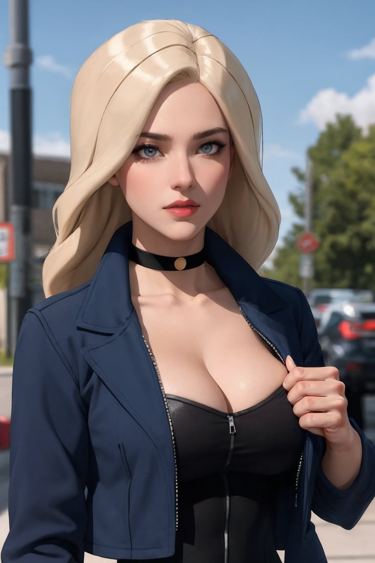 masterpiece, best quality, high quality, highres, outdoors, day, upper body, looking at viewer, solo, focused, BREAK, Costume_BlackCanary_ownwaifu, www.ownwaifu.com,1girl, blonde hair,  blue eyes, breasts, lipstick, makeup, red lips, collarbone, lips, large breasts, eyeshadow, choker, long hair, black choker,cleavage, cropped jacket, blue jacket, grey pantyhose, leotard, black leotard, fingerless gloves, black gloves,  sleeves rolled up,  open jacket, <lora:CARTOON_DC_YJ_BlackCanary_ownwaifu-15:0.65> 