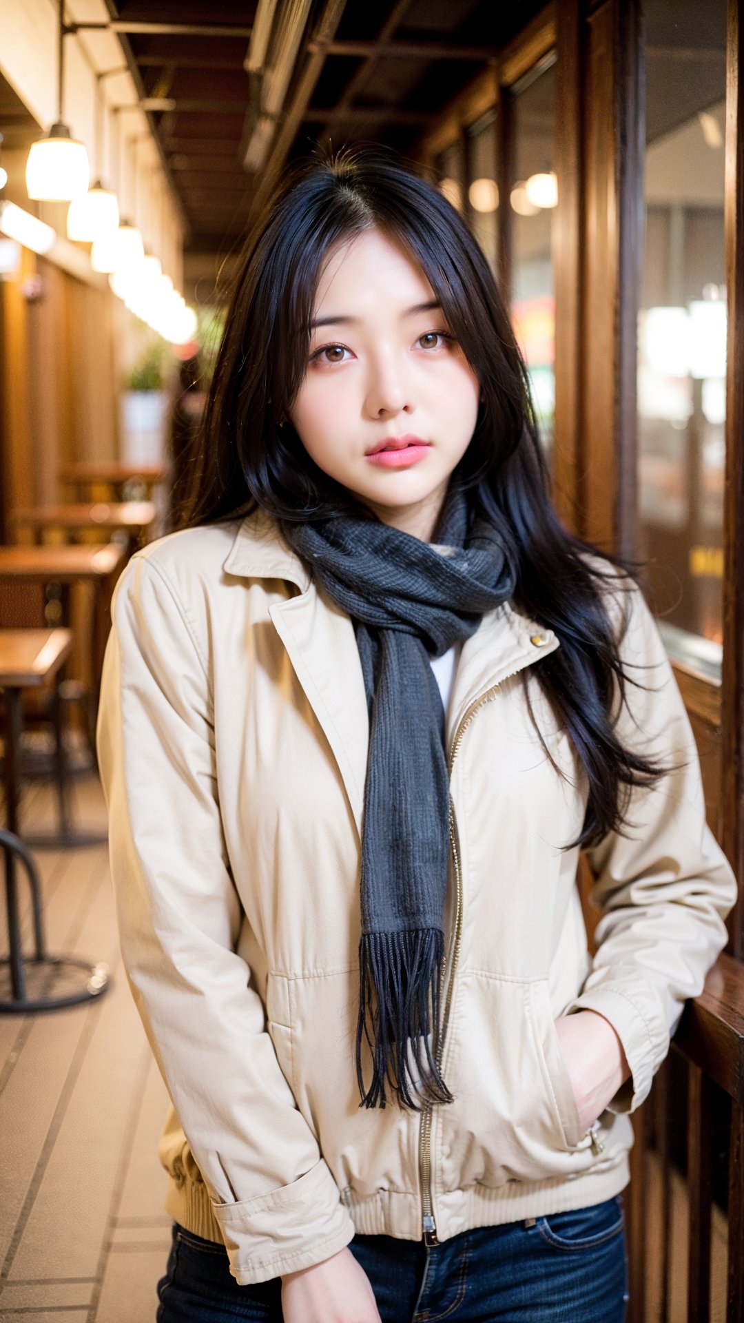 Raw photo, real photo, upper body, jacket, scarf, bokeh, romantic restaurant, outdoor<lora:aiManjaPT-10:0.8>