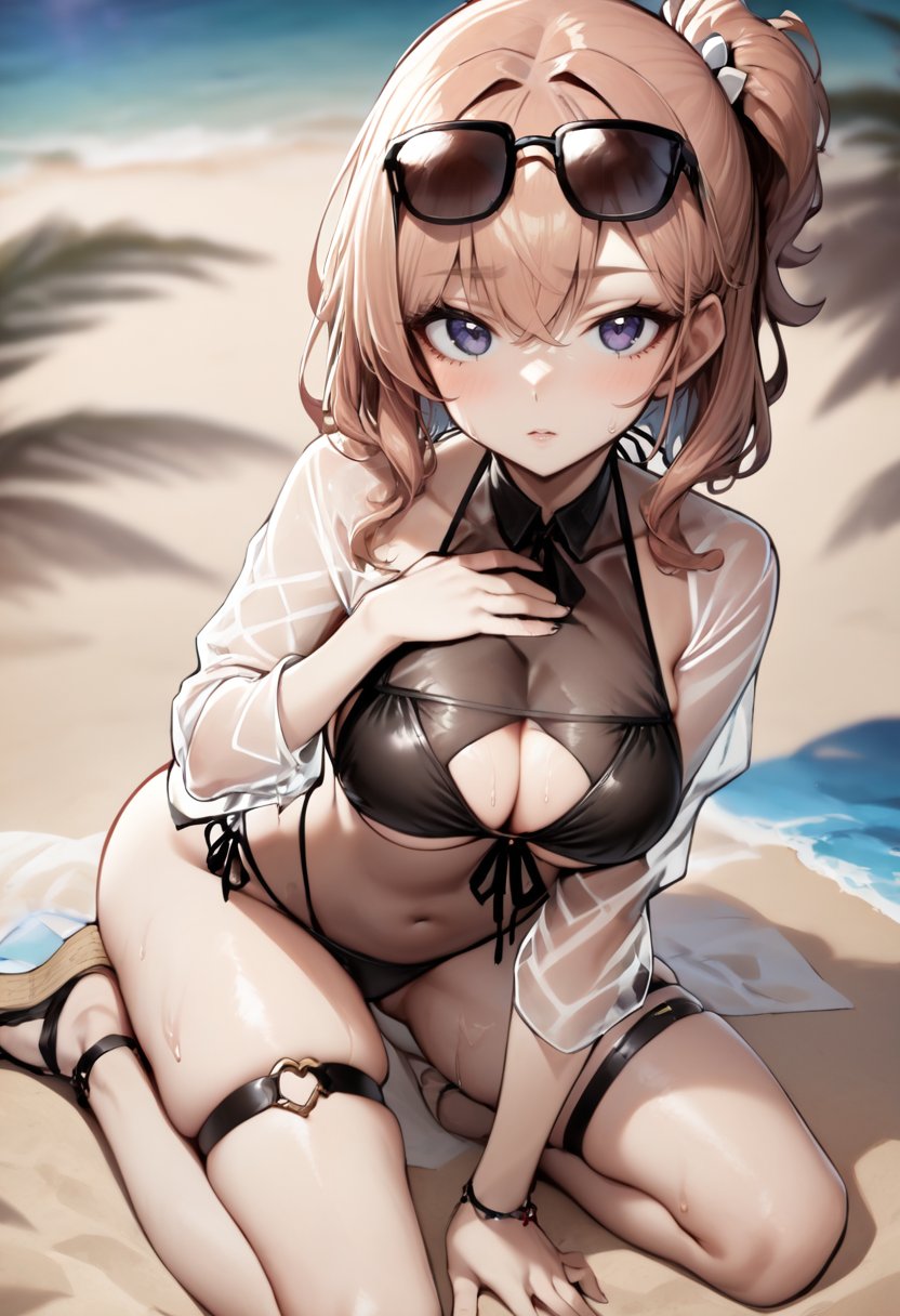 1girl, bikini, black bikini, cleavage, cleavage cutout, clothing cutout, eyewear on head, halterneck, hand on own chest, kneeling, looking at viewer, official alternate costume, see-through, see-through shirt, solo, spread legs, sunglasses, swimsuit, thigh strap, thighs, 