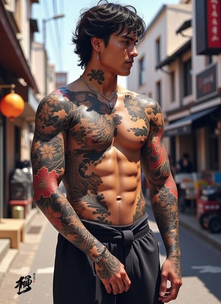 Illustrating a beautiful muscled man with a traditional Japanese style full-sleeve tattoo depicting flourishing cherry blossoms and mythical creatures. A wide-angle view captures him standing proudly, with a bustling urban background, hinting at modern life. The sunlight casts soft shadows, creating a blend of traditional and contemporary aesthetics. <lora:Japanese_style_full_sleeve_tattoo-000001:1>