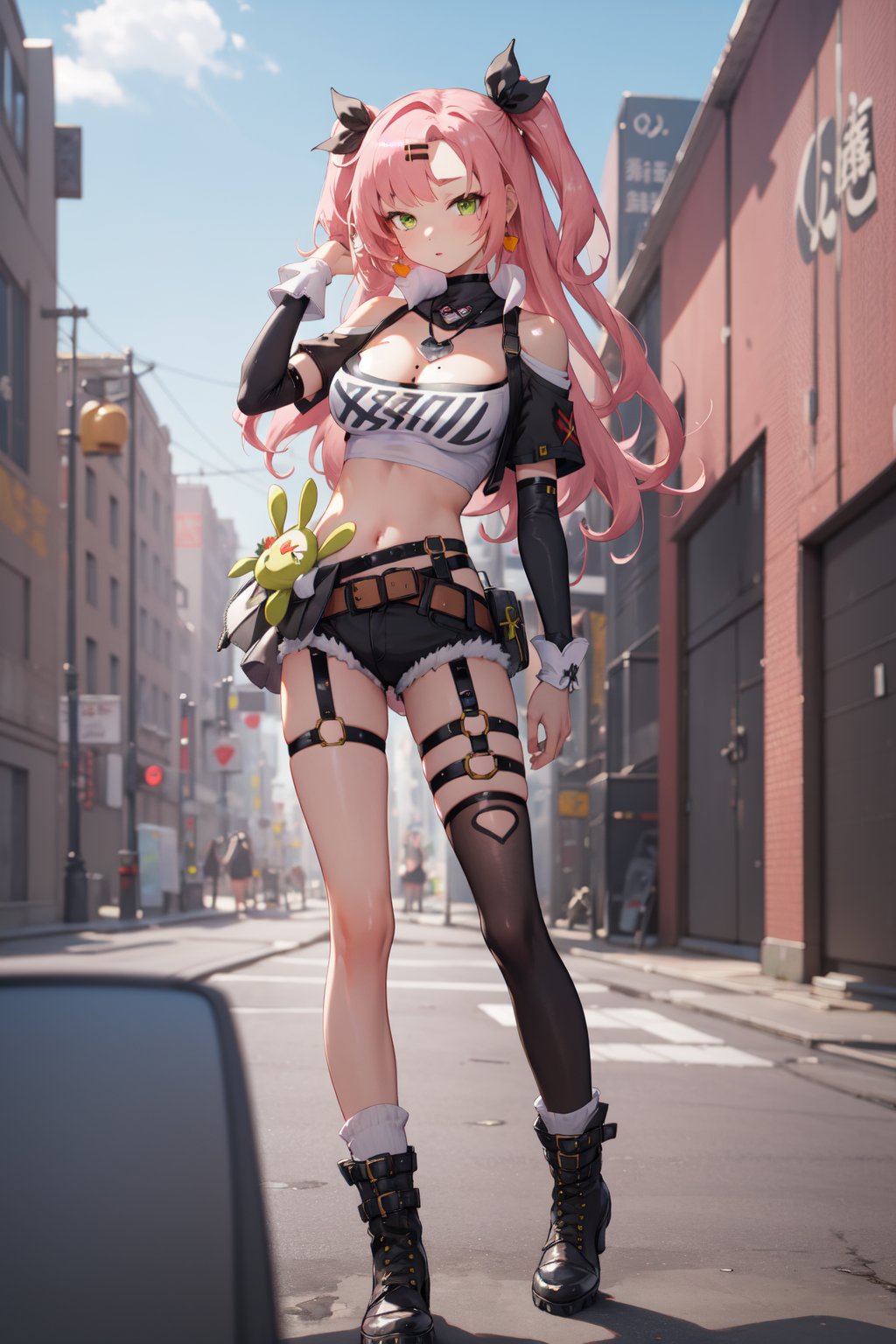 <lora:Nicole-000010:1>,Nicole CYQL,1girl,looking at viewer,solo,long hair,pink hair,hair ribbon,black ribbon,two side up,hairclip,mole under eye,green eyes,bare shoulders,shoulder cutout,large breasts,mole,strapless,tube top,cleavage,long sleeves,midriff,crop top,cutoffs,black shorts,single thighhigh,clothing cutout,belt,thigh strap,socks,black footwear,boots,grin,portrait,Historic district in European city, Cobblestone streets, Architecture, Heritage,beautiful detailed sky,beautiful detailed glow,posing in front of a colorful and dynamic background,masterpiece,best quality,beautiful and aesthetic,contrapposto,female focus,wallpaper,