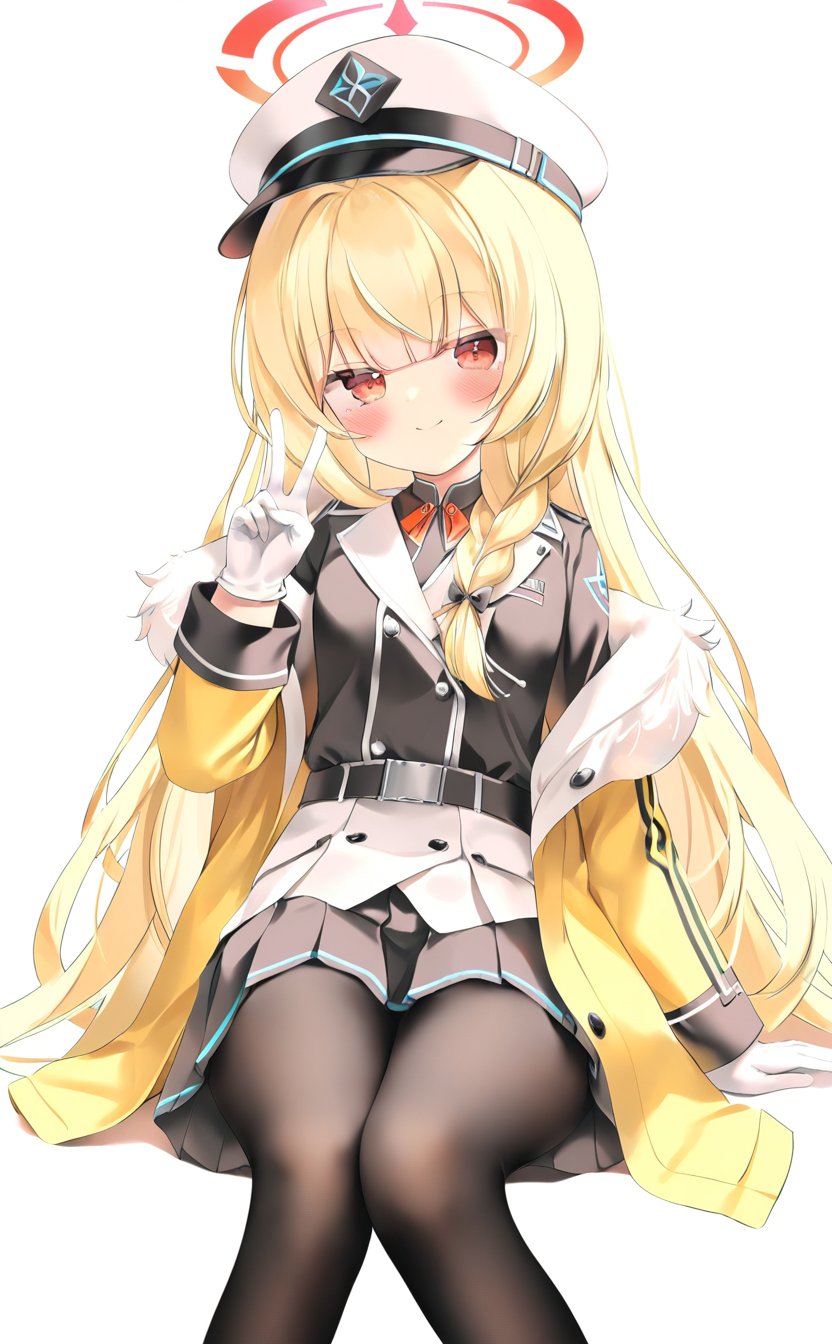 chen_bin, solo, hat, red eyes, halo, gloves, v, simple background, white background, pantyhose, long hair, blonde hair, looking at viewer, smile, skirt, braid, fur trim, jacket, black pantyhose, sitting, white gloves, pleated skirt, bangs, light blush, blush<lora:chen_bin_xl_cyan-000010:0.8>