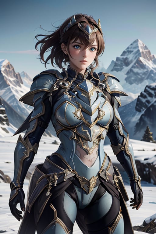 <lora:HXarmour_034:0.7>,mountain,Hands on face,full body,, hxarmour,1girl,(light blue armour:1.3),