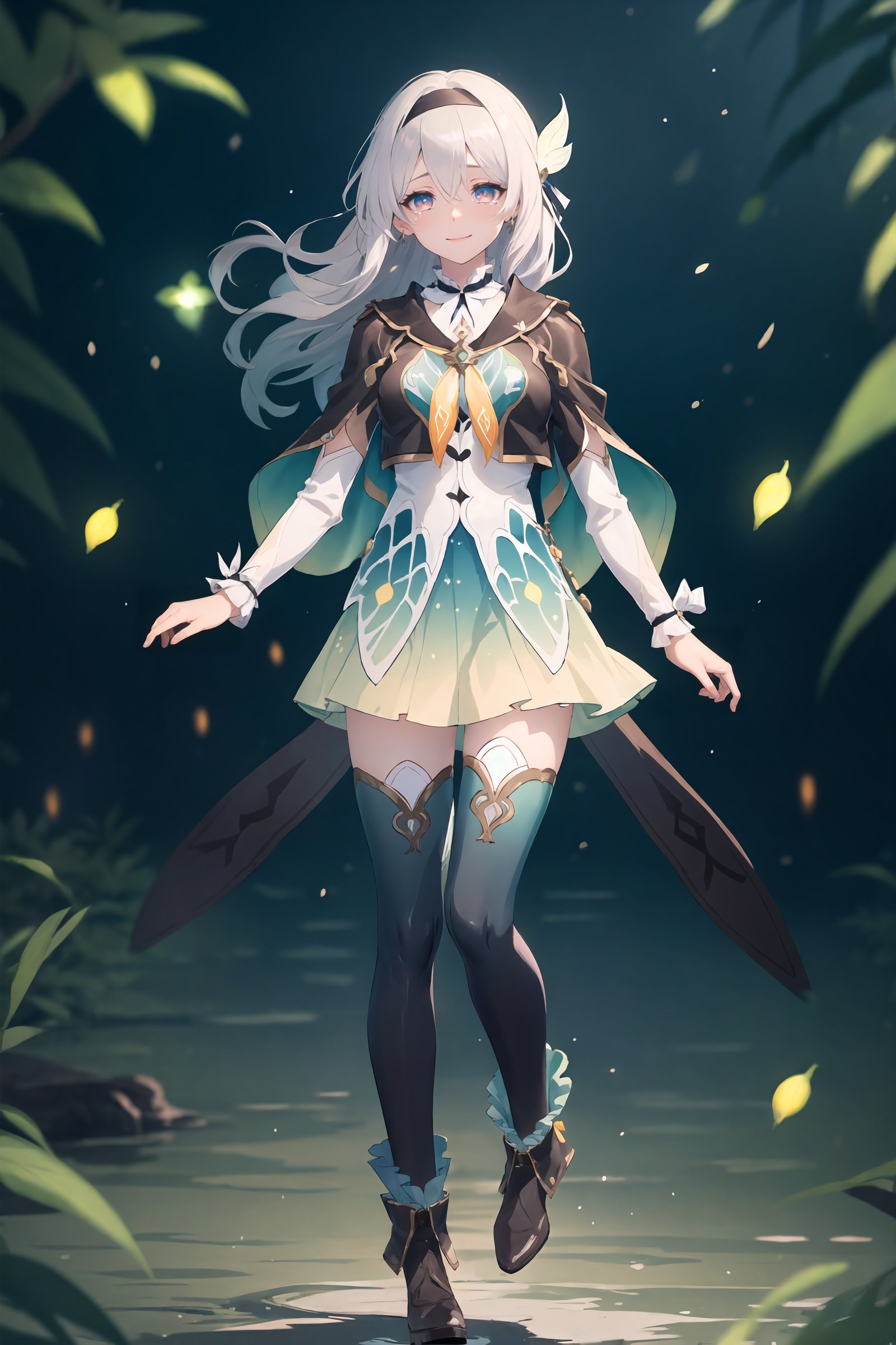 1girl, firefly \(honkai: star rail\), solo, black thighhighs, hairband, gradient skirt, hair ornament, blouse, frilled collar, frilled boots, cropped jacket, yellow neckerchief, full body, standing, smile, floating hair,  depth of field, hands on own chest, crying with eyes open, bokeh, fireflies, night