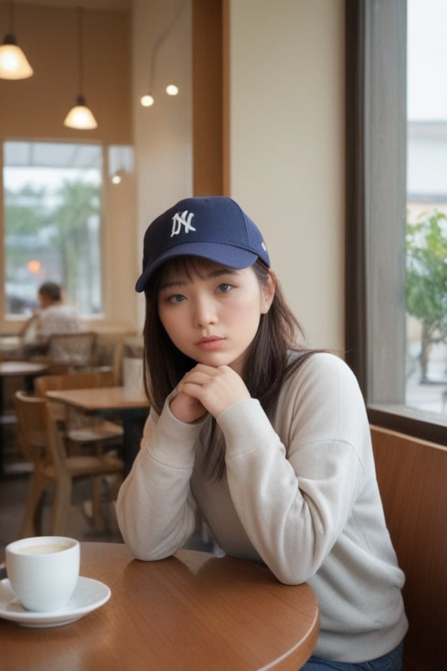 (vivid:1.2), HDR, 20yorealistic photo of a Japanese woman,"A sporty casual outfit with a baseball cap and sneakers.", cameltoe"A woman with a contemplative gaze sips a cup of coffee at a minimalist cafe. The clean lines and neutral tones of the surroundings create a calming atmosphere, emphasizing the woman's peaceful expression. The image captures a moment of quiet reflection and introspection."